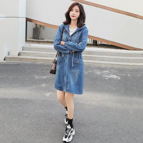 Denim Coat Female Fashion Casual New Spring Autumn Zipper Hooded Loose Trench Coat Elegant Straight Denim Coat Women Pocket Q234