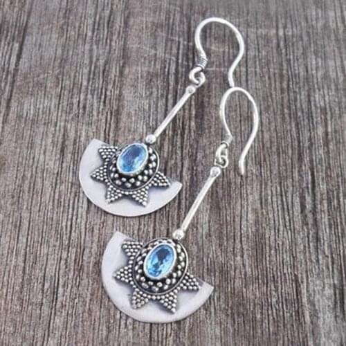 Vintage Fan Shaped Blue Crystal Stone Earrings Ethnic Half Round Antique Silver Color Micro Pave Beads Star Drop Earrings