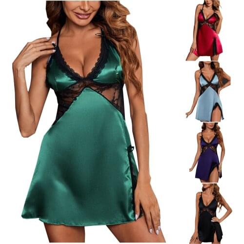 Womens nightdress S-3L new sexy suspender lace V-neck low-neck nightdress lace hollow halter suspender skirt muñeca sexsual 40