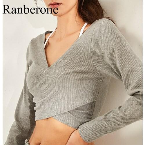 Ranberone Yoga Workout Clothes Women Crop Top V-neck Casual Breathable Running Long Sleeve Quick-drying Female T-shirt
