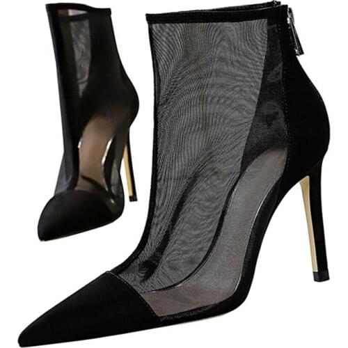 UVRCOS Spring Autumn New Sexy Mesh Ankle Boots Women Pointed Toe Stiletto Heels Fashion Zip Ladies Party Shoes Size 34-40