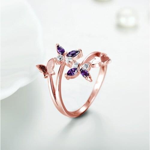 Open Size Rhinestone Silver color Rings with Butterfly Purple Stone Adjustable Flower Finger Ring for Women Jewelry