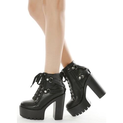 New Sexy Chain Women Leather Autumn Boots Block Heel Gothic Black Punk Style Platform Shoes Female Footwear High Qualitygt6