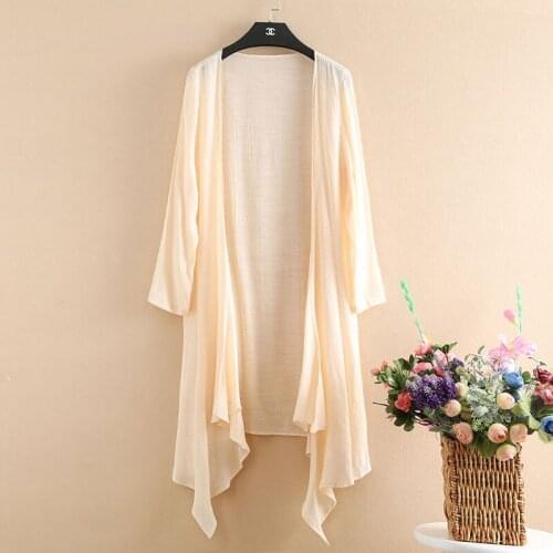Women Long Sleeve Midi Long Shawl Cardigan 2021 Summer Casual Thin Irregular Cotton Linen Cardigans LadySun Protection Clothing