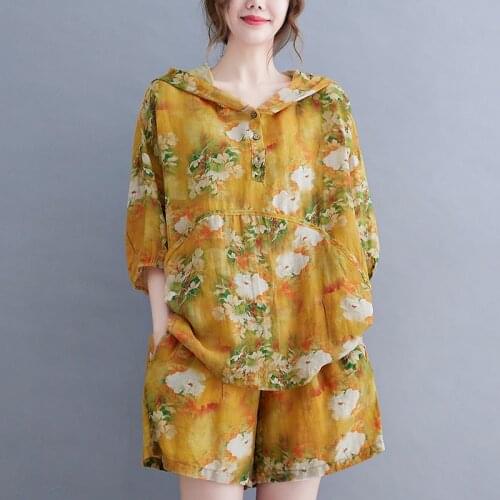 Soft Print Floral Chinese Style 2 Piece Women Clothes Set Loose Tops Hooded Shorts Summer Casual Sets Fashion Suit