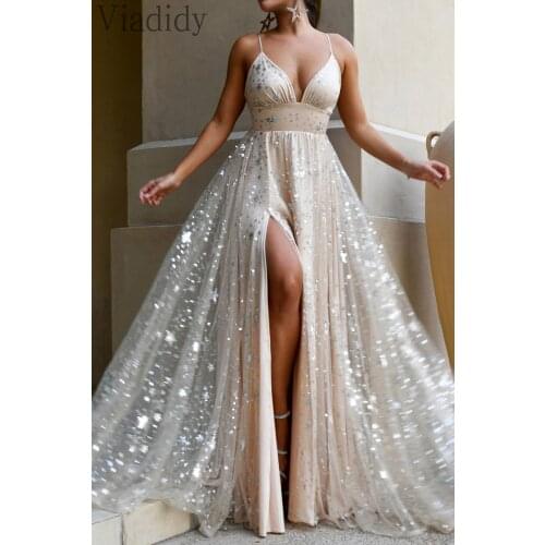Women Elegant Mesh Sequin Spaghetti Strap High Waist Side Slit Floor-length Dress