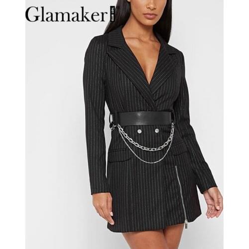 Glamaker Stripe print vintage blazer dress Women autumn office elegant black long sleeve dress Winter retro party blazer dress