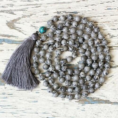 108 Prayer Beads Buddhist Jewelry 8mm Grey Marble Beads Yoga Gift Mens Long Grey Tassel Stone Knotted Necklace For Man