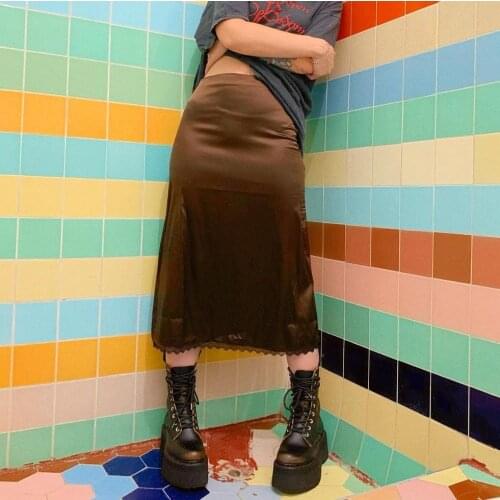 2021 New Fairy Grunge Lace Trim Satin Long Skirts Brown Black Y2k Harajuku Outfit Summer Skirt Egirl Faldas Largas Gothic Women