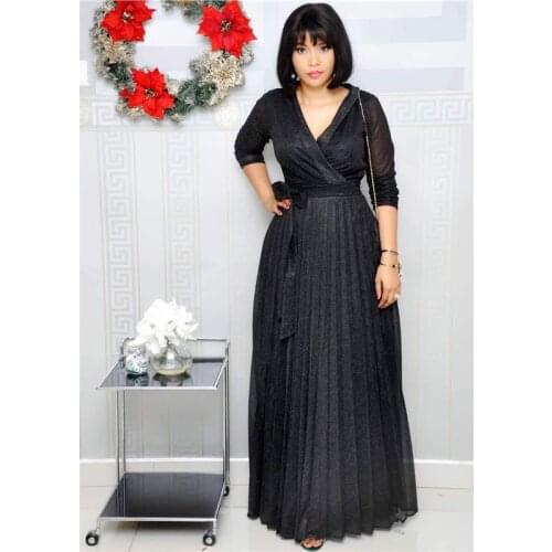 African Dresses for Women Glitter Long Sleeve V Neck Pleated Long Maxi Dress Evening Party Prom Ball Gown Shinny African Clothes