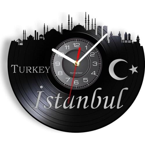 Istanbul Turkish City Skyline Vinyl Record Wall Clock Cityscape Home Office Decor Silent Watch Turkey Moon And Star Artwork