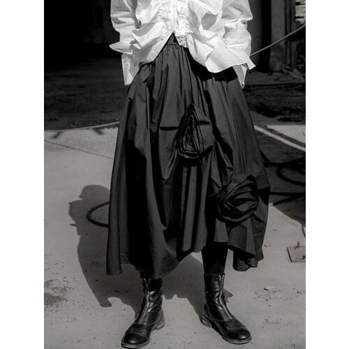 [EAM] High Elastic Waist Irregular Flower Black Big Size Pleated Half-body Skirt Women Fashion New Spring Autumn 2021 1DD6210