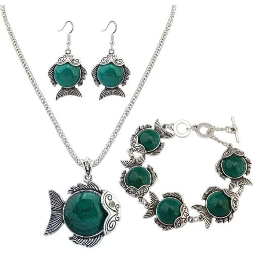 European Vintage 3 Colors Stones Goldfish Alloy Jewelry Set