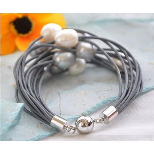 Hot sell15strands 13mm white rice pearl gray leather bracelet 8inch -Bridal jewelry free shipping