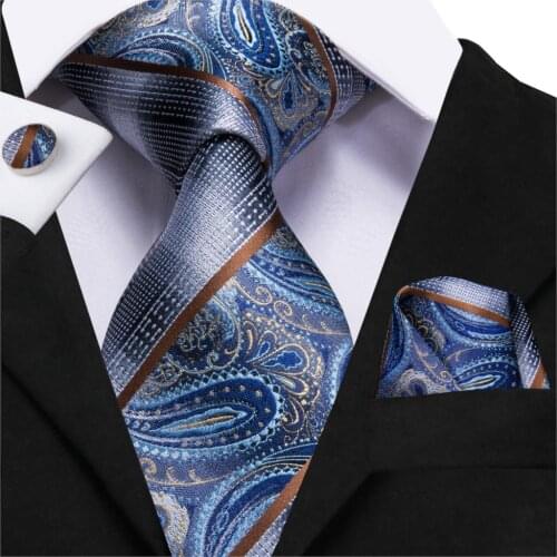 Hi-Tie Luxury Silk Mens Fashion Blue Paisley Tie Necktie Handkerchief Cufflinks Set Mens Wedding Party Business Tie Set C-3110