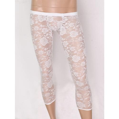 Hot Sexy Mens Low Rise Bulge Pouch See Through Sheer Floral Lace Ankle Length Stretchy Legging Pants Footless Tights Trousers