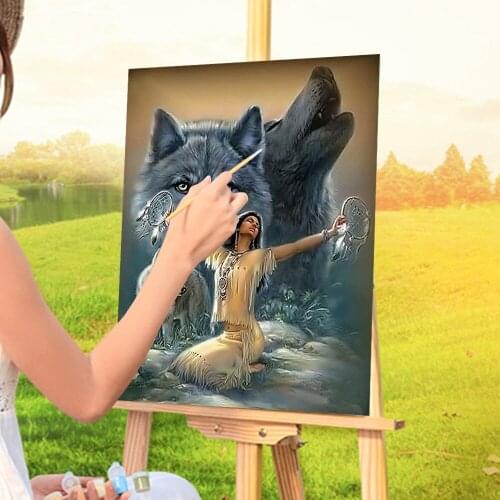 Indian Wolf Animal DIY Painting By Numbers Set Acrylic Paints 50*70 Canvas Pictures Wall Paintings Adults Wall Art Handiwork