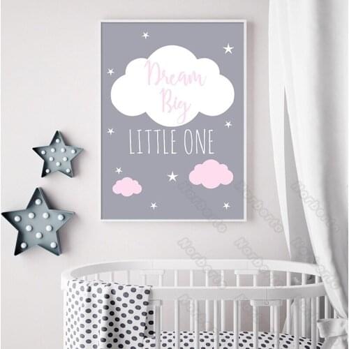 Modern Style Canvas Painting Poster Light Purple Background White Pink Cloud Little Stars for Little Girls Bedroom Decoration