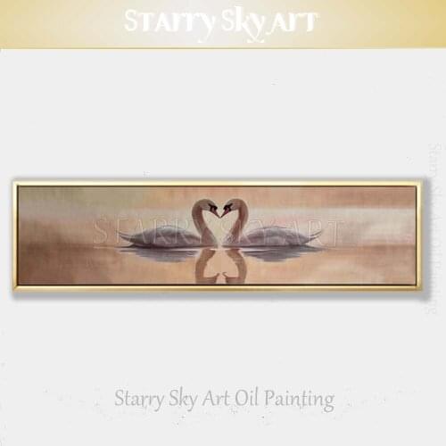 Beautiful Wall Art Artist Hand-painted Lover Swans in Lake Oil Painting on Canvas Super Long Canvas Animal Swans Oil Painting