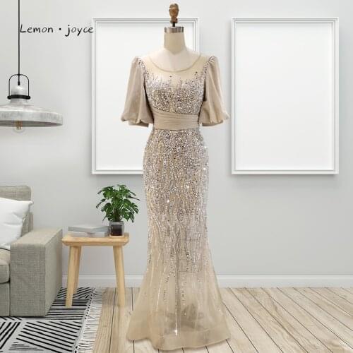 Lemon Joyce Champagne Luxury Mermaid Evening Dresses 2021 Elegant O-Neck Half Sleeves Beading Formal Evening Gowns