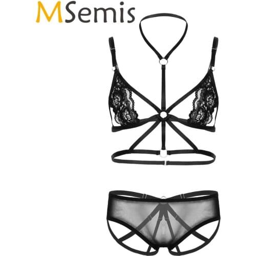 MSemis Men Transparent Sissy See Through Sheer Lace Harness Lingerie Set Hollow Out Bra Top Open Butt G-string Thong Underwear