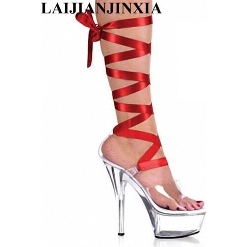 New 15cm high heels shoes crystal ribbon platform sandals 6 inch heel interchangable ribbon laces. colour ribbons Dance Shoes