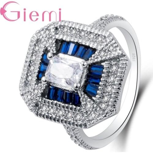 New Arrival AAA Bule Crystal Geometric Patterns Silver Big Square Ring For Women Female Party Jewelry