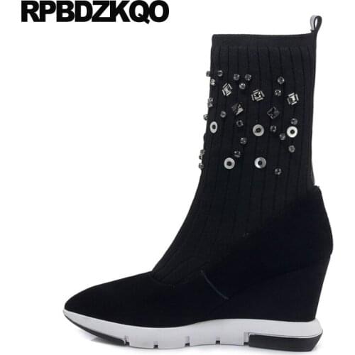 Sexy Brand High Heel Boots Crystal Black Rhinestone Sock Knit Diamond Pointed Toe Suede Wedge Designer Shoes Women Luxury 2021