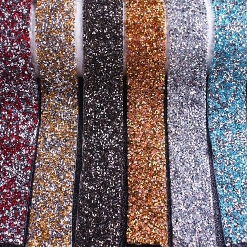 Pulaqi 3CM 1 Yard Hotfix Rhinestones for Clothes Iron on Rhinestone Ribbon Applique Motif Glitter Patch Crystals Trim for Dress