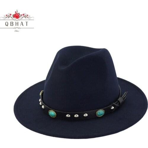 QBHAT Men Women Flat Brim Wool Felt Vintage Panama Fedora Hat Gem Leather Decoration Fashion Jazz Cap Gambler Sombrero Trilby