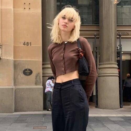 Harajuku T-shirt Knitwear Long Sleeve Crop Top Button Up Cardigans Knitted Cute Tshirt Women Autumn Brown Tops Y2K Streetwear