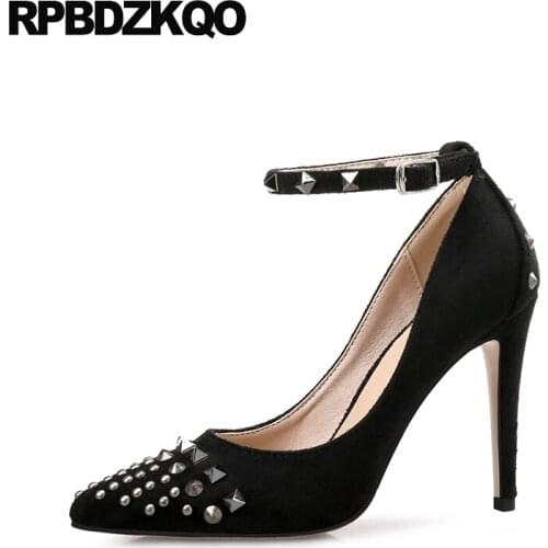 High heels suede 12 44 2019 pointed toe rivet stud shoes new stiletto gray size 33 8cm plus strap women pumps 10 42 black sexy