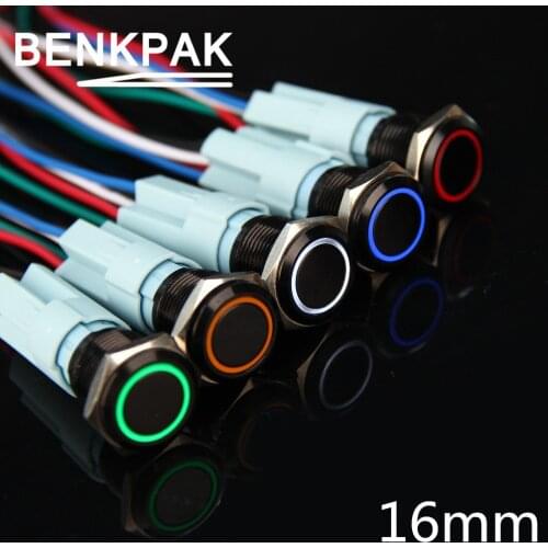 5V 12V 24V 220V with socket LED 16mm black momentary 16mm Waterproof Metal Push Button Switch 1NO1NC fixed self-locking