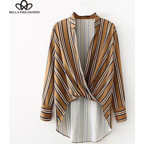 Bella Philosophy Autumn Sexy Blouse Women Shirt Casual Asymmetrical Blouse Female High Low Tops For Ldies Stripes Blusas