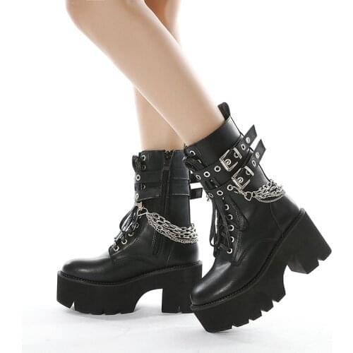 High Quality Leather Gothic Black Boots Women Heel Sexy Chain Chunky Heel Platform Boots Female Punk Style Ankle Boots Zipper