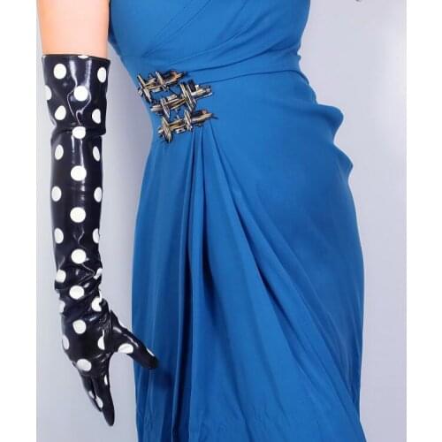 Womens runway fashion white dot black leather glove ladys club performance formal party leather slim long glove 60cm R3035