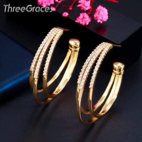 ThreeGraces Gorgeous Cubic Zirconia Yellow Gold Large Round Circle Hoop Earring for Women Fashion Punk Jewelry Accessories ER575