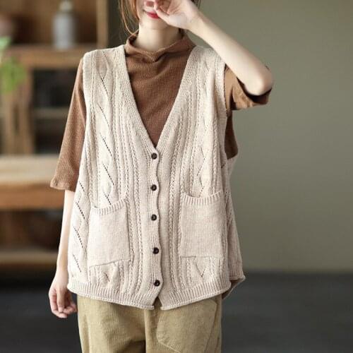 QPFJQD Ladies Casual Cotton Thread Knitwear Vest V-Neck Women Loose Solid Color Sleeveless Pocket Retro Sweater Spring Autumn