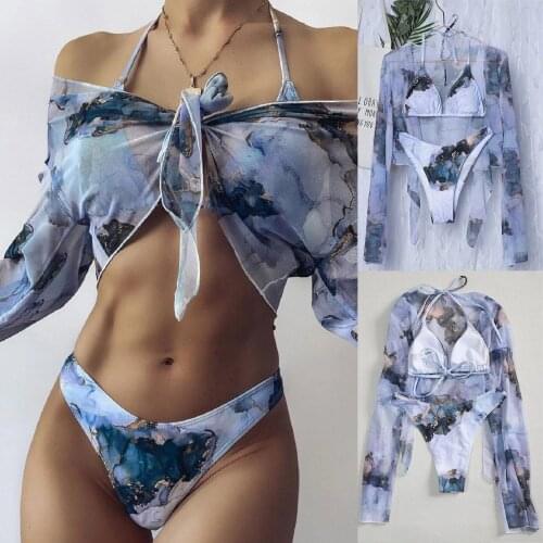 Bikini Summer Swimwear Female Womens Tie-dye Printed Cross-tie Chiffon Three-piece Sexy Split Bikini Swimsuit
