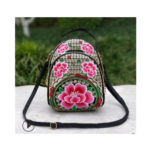 Women Vintage Mini Backpack Embroidered Flower Zipper Travel Shoulder Bag Daypack