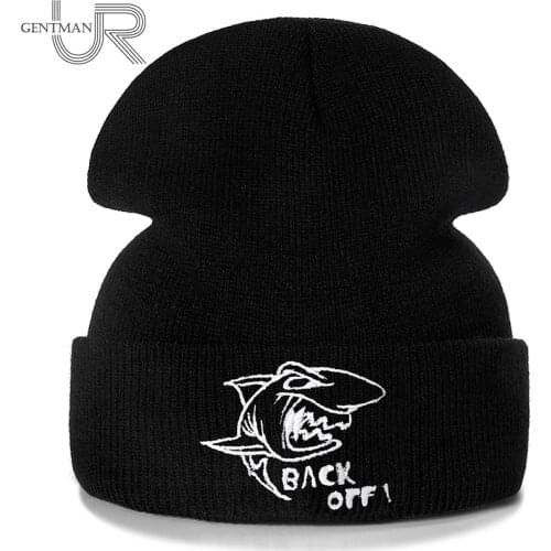 New Shark Back Off Embroidery Casual Winter Hats For Men Women Warm Knitted Hat Solid Color Streetwear Beanie Hat Unisex Ski Hat