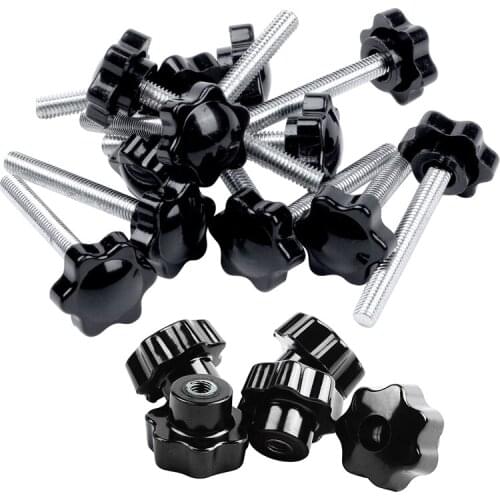 12 Pcs Black+Silver Spare Part M6x45mm Male Threaded Knurled Grip Star Knob & 5 Pcs Black Star Grip Knobs, Female Thread Diamete