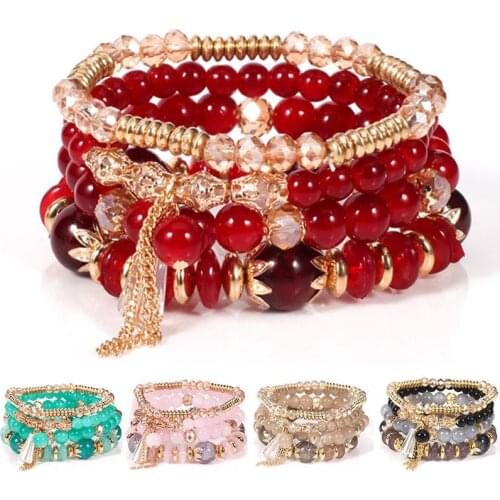 4Pcs Boho Multilayer Natural Stone Crystal Beaded Bracelets Fashion Women Set
