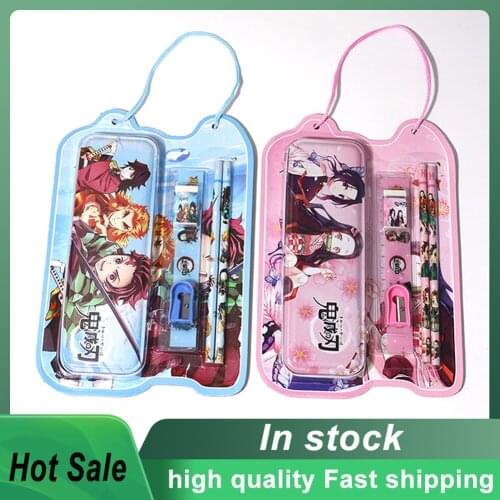 6Pcs/Set Anime Demon Slayer Blade Pattern Pencil Case Ruler Eraser Set Student Multifunctional Learning Drawing Toys