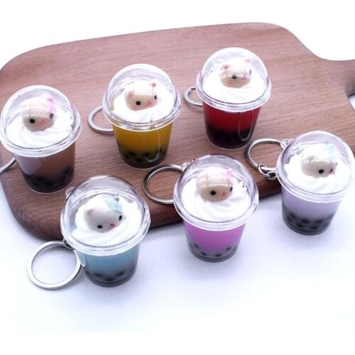 Cute Simulated Solid Cartoon Pearl Milk Cup Keychain Pendant Bag Decor Gift