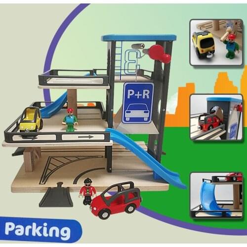 Wooden Parking Lot Railcar Compatible with Brio Wooden Track Childrens Toys Birthday Gift Car Toy Train Toy come with Cars