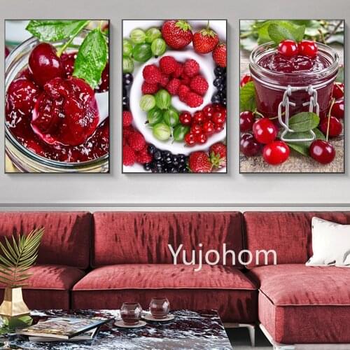 Mix Fruits Jams And Food And Cup Strawberry Cherry Canvas Print Painting Wall Art Picture For Kitchen Room Decoration Artwork