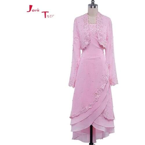 Jark Tozr Custom Made Long Sleeve Tiered Skirt Appliques Pearls Pink Chiffon Formal Evening Dresses With Shawl Abendkleider