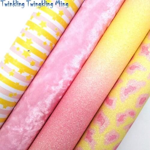 Twinkling Twinkling Ming Leopard Glitter Leather Felt Backing Star Printed Faux Synthetic Vinyl Pink Velvet Fabric 21X29CM KM542