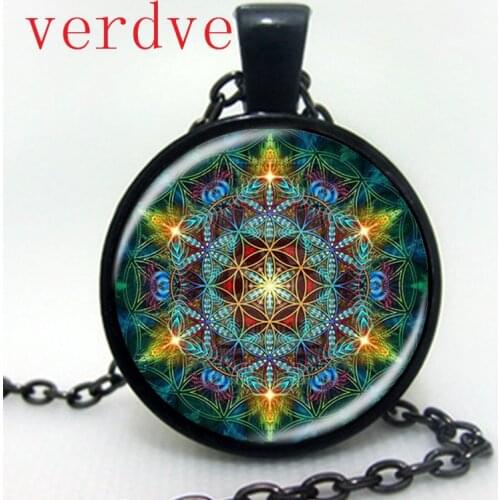 Multicolor Flower of life pendant necklace chain statement long necklace glass dome om mandala yoga jewlery buddhist gift